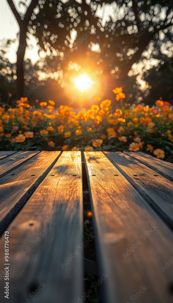 Golden hour sunlight bathes a wooden table in a park setting, with a field of yellow flowers and trees in the background. Golden hour sunlight bathes a wooden table in a park setting, with a field of yellow flowers and trees in the background.