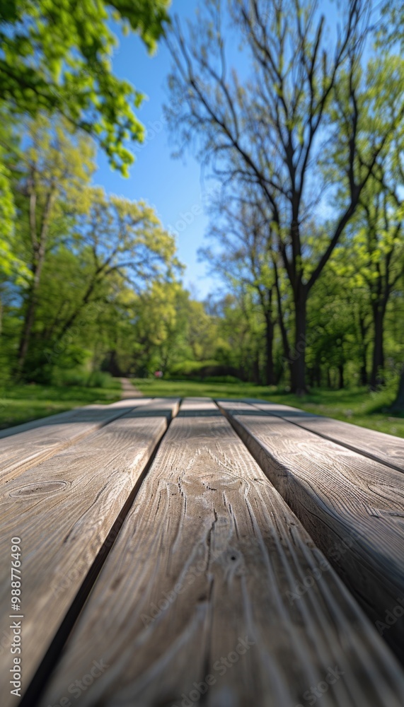 A wooden picnic table sits in a clearing in a forest, sunlight filtering through the trees.