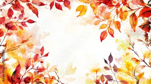 Autumn background watercolor painting featuring red, yellow, and white leaves with abstract minimal outlines, perfect for wedding invites and Thanksgiving themes