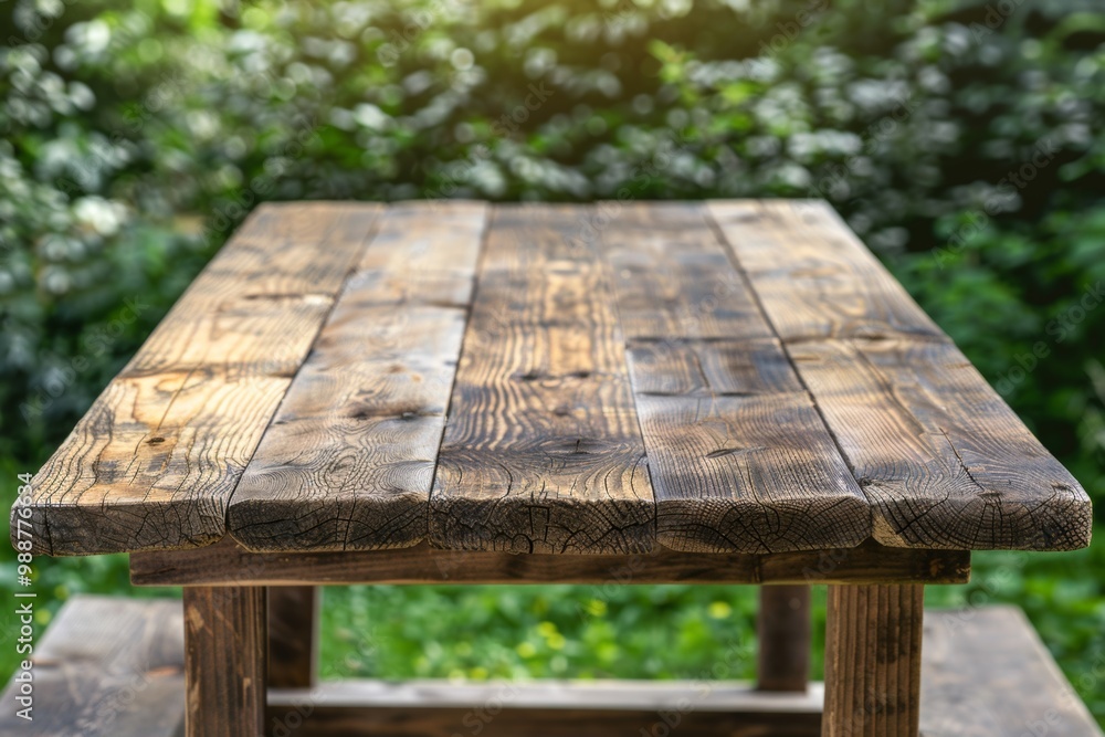Rustic wooden table with a natural, weathered finish, perfect for an outdoor setting. Rustic wooden table with a natural, weathered finish, perfect for an outdoor setting.