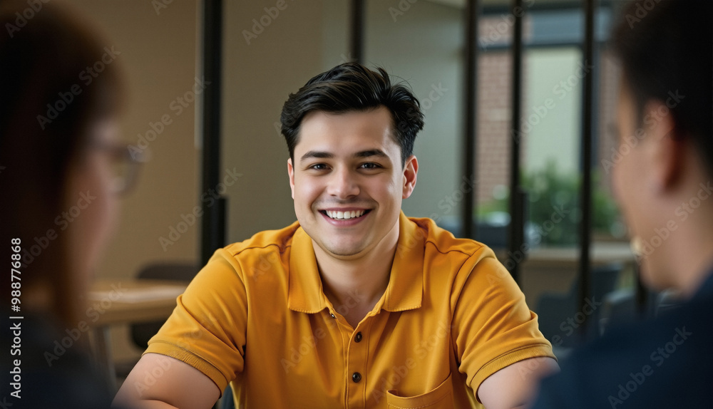 Obraz premium seasonal polo shirt and simple attire, millennial director attending a meeting, happiness and pride, dark yellow orange, graceful and tasteful, business portrait