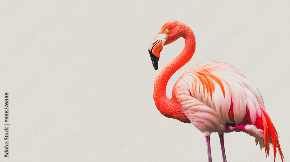 Obraz premium a flamingo with vibrant pink feathers and long legs against an isolated light ivory background, the soft light casts gentle shadows on the flamingo, creating intricate patterns