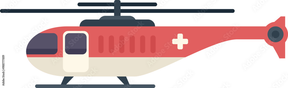 Minimalist vector illustration of a red helicopter transporting patients for first aid Minimalist vector illustration of a red helicopter transporting patients for first aid