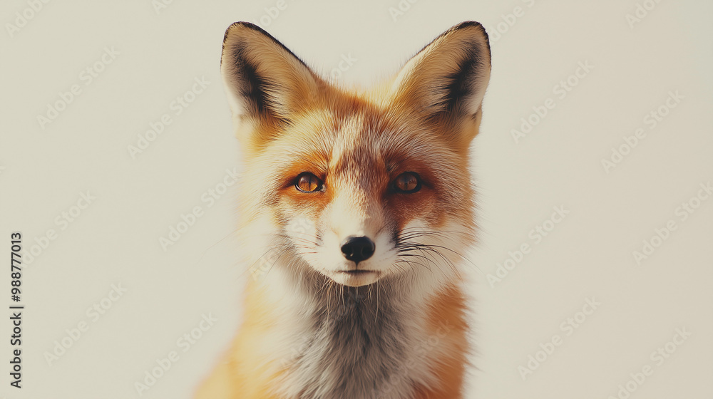Fototapeta premium a fox with bright orange fur and alert eyes against an isolated light ivory background, the soft light casts gentle shadows on the fox, creating intricate patterns