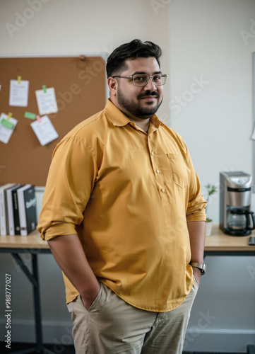 senior team member stands, employee engagement, anxiety and complacency, weighed and well-chosen, ring lighting, business portrait
