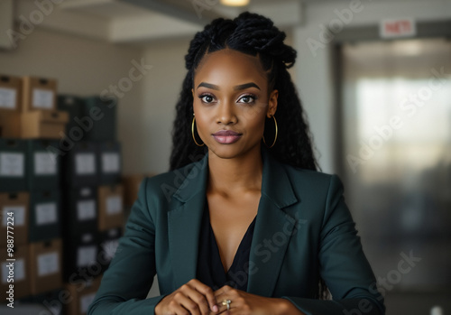 junior business analyst who is organizing, anticipation and calmness, corporate role, aesthetically pleasing and precise, against background at morning, business portrait