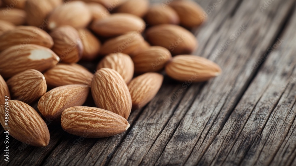 A close-up of raw almonds spread across a rustic wooden table, showcasing their natural textures and rich color, emphasizing their health benefits A close-up of raw almonds spread across a rustic wooden table, showcasing their natural textures and rich color, emphasizing their health benefits