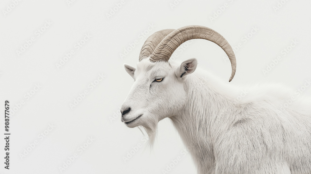 a goat with sleek gray fur and sharp, curved horns against an isolated light ivory background, the soft light casts gentle shadows on the goat, creating intricate patterns a goat with sleek gray fur and sharp, curved horns against an isolated light ivory background, the soft light casts gentle shadows on the goat, creating intricate patterns