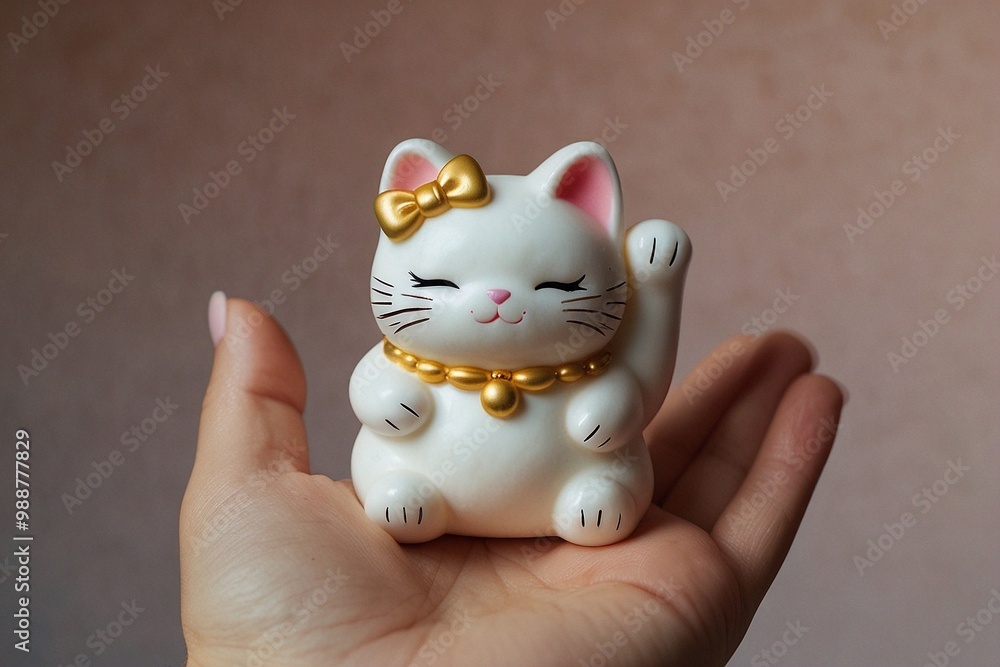 White Maneki Neko Kawaii Charm in Dreamy Golden Catcore Palette White Maneki Neko Kawaii Charm in Dreamy Golden Catcore Palette