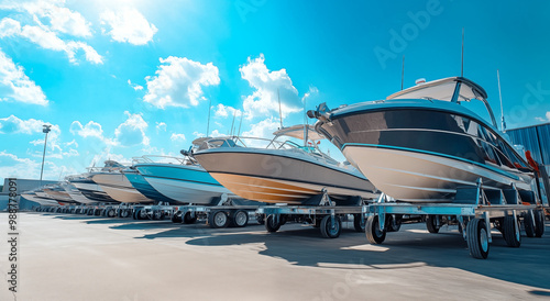 Boats on Trailers in the Parking Lot of a Boat Sports Center