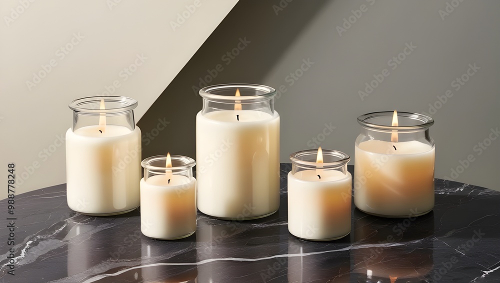 five candles of different sizes with lit wicks on a dark marble surface five candles of different sizes with lit wicks on a dark marble surface