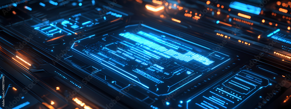 Obraz premium Futuristic AI System Interface with Neon Schematics