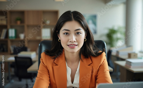 optimism and trust, millennial executive in action, corporate roles at work, light orange clothes in open small office room, business portrait