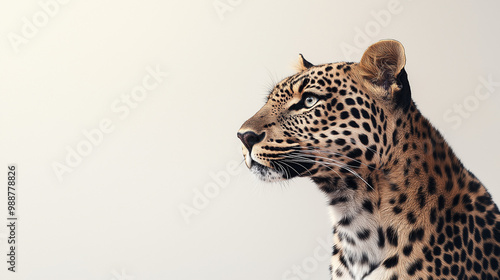 a leopard with a sleek, spotted coat and sharp, intense eyes against an isolated light ivory background, the soft light casts gentle shadows on the leopard, creating intricate patterns