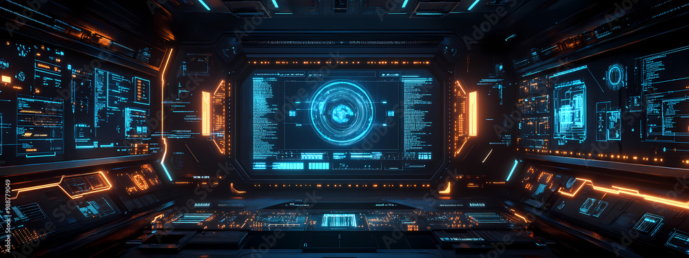 Futuristic AI System Interface with Neon Schematics Futuristic AI System Interface with Neon Schematics