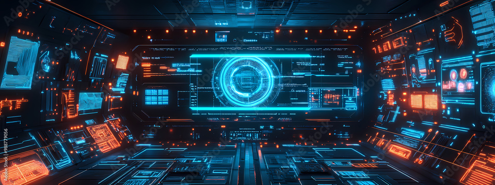 Futuristic AI System Interface with Neon Schematics Futuristic AI System Interface with Neon Schematics