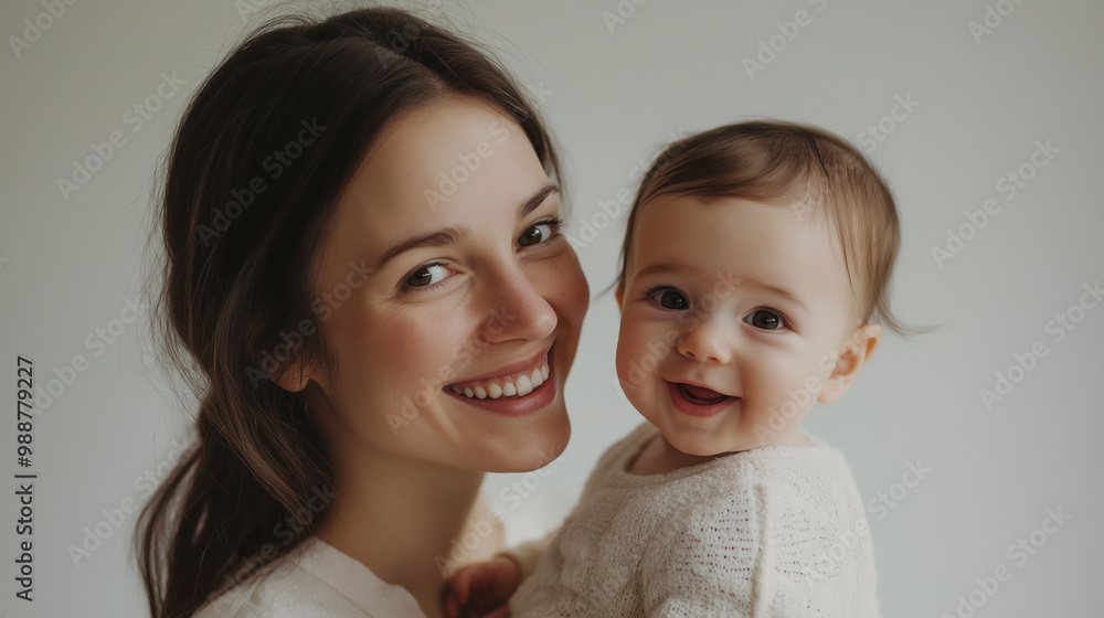 a mother smiling tenderly at her baby while the baby gazes back with a wide-eyed, joyful expression against an isolated light ivory background, the soft light casts gentle shadows on their faces a mother smiling tenderly at her baby while the baby gazes back with a wide-eyed, joyful expression against an isolated light ivory background, the soft light casts gentle shadows on their faces