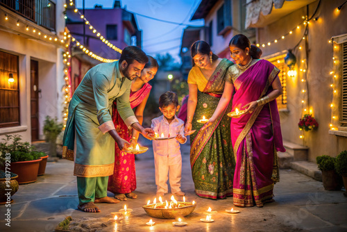 Indian Family Celebrating Divali by Putting Lamps in Their Backyard. Hindu Religious Festivities, Festival of Lights