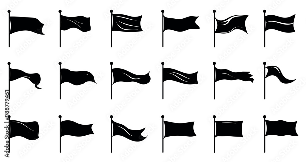 Obraz premium Flag silhouette black icons set. Waving on the wind symbol. Pennant rectangular shape. Finish start pole surrender flagpole race sign report spam flag. Simple black and white logo in flat style