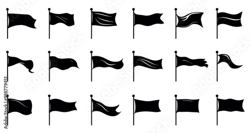 Flag silhouette black icons set. Waving on the wind symbol. Pennant rectangular shape. Finish start pole surrender flagpole race sign report spam flag. Simple black and white logo in flat style