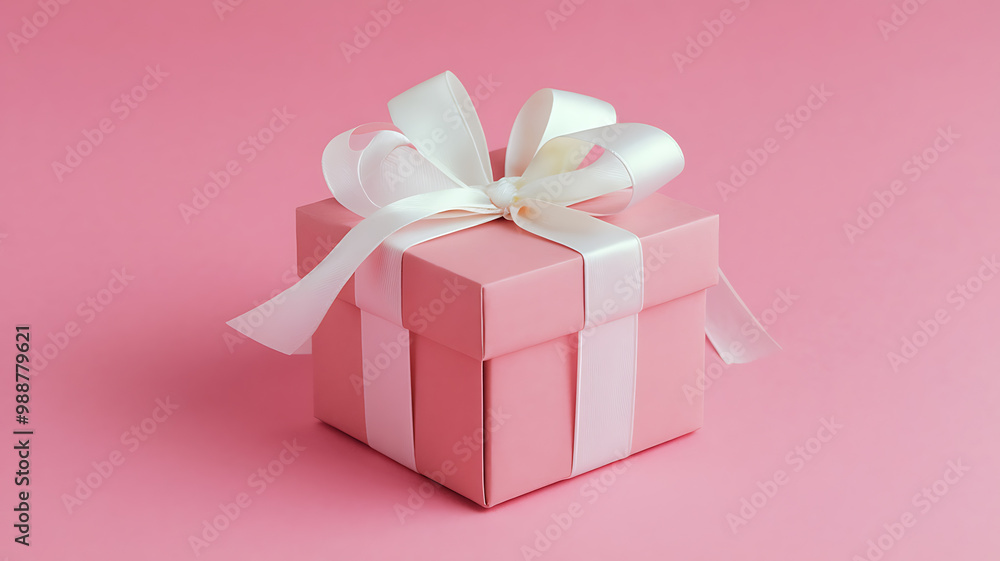 Fototapeta premium Pink gift box with white ribbon, minimalist style, celebration and joy, perfect for Valentine's Day or birthday. 