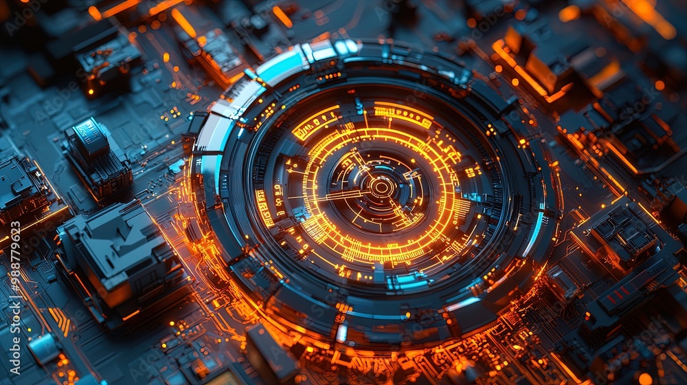 Obraz premium Futuristic Compass Mechanism Poster: A Stunning Blend of Orange and Blue Tones with Digital Readouts, Perfect for Enhancing Sports Interiors with High-Tech Vibes
