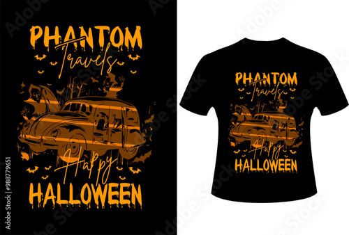 halloween t-shirt design, vector with traveling and car design