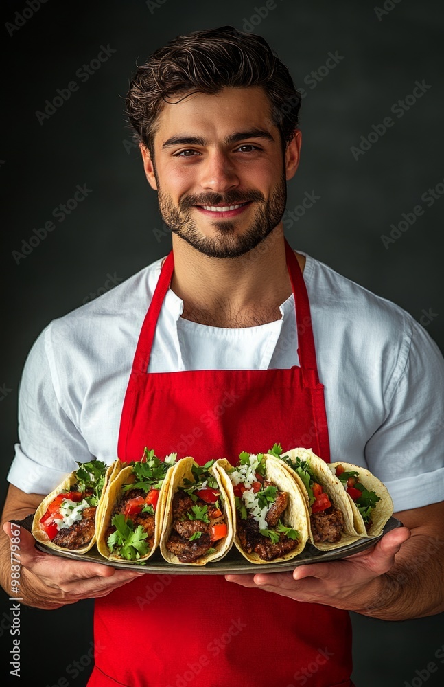 A handsome man wearing a red apron, serving delicious tacos A handsome man wearing a red apron, serving delicious tacos