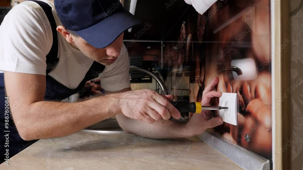 Close-up of an electrician installing or repairing an outlet in the kitchen in an apartment.