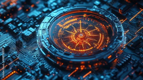 Wallpaper Mural Futuristic Compass Mechanism Poster: A Stunning Blend of Orange and Blue Tones with Digital Readouts, Perfect for Enhancing Sports Interiors with High-Tech Vibes Torontodigital.ca