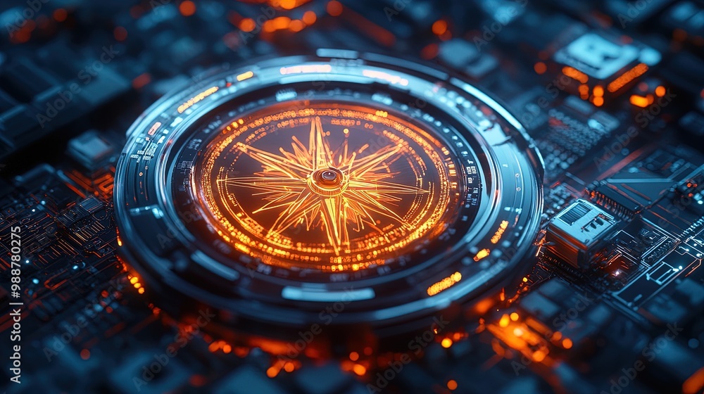 Futuristic Compass Mechanism Poster: A Stunning Blend of Orange and Blue Tones with Digital Readouts, Perfect for Enhancing Sports Interiors with High-Tech Vibes Futuristic Compass Mechanism Poster: A Stunning Blend of Orange and Blue Tones with Digital Readouts, Perfect for Enhancing Sports Interiors with High-Tech Vibes