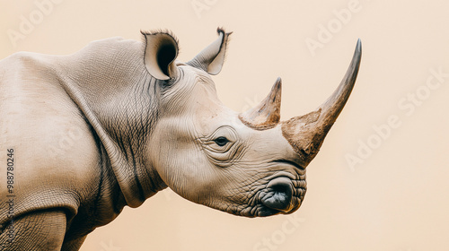 a rhinoceros with thick gray skin and a prominent horn against an isolated light ivory background, the soft light casts gentle shadows on the rhinoceros, creating intricate patterns photo