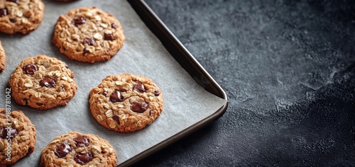 oatmeal cookies with chocolate chips on a baking tray. dark background. copy space.