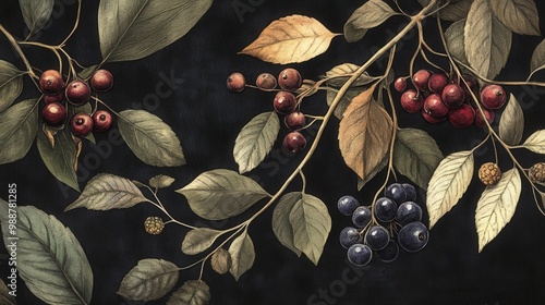 Detailed botanical drawing showcasing berries on dark background watercolor