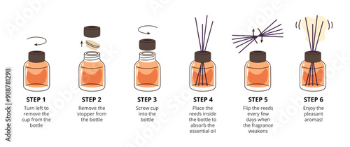 Reed diffuser instruction. How to use essential aroma oil diffuser with sticks for home fragrance. Perfume air freshener step by step guide vector illustration