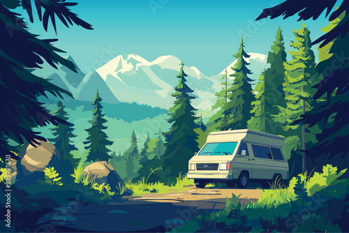 Forest camp with picnic van background. Camping scene. Road trip travelling journey vacation concept. Nature adventure trees mountains sunny day outdoor activity. Cartoon style isolated vector clipart
