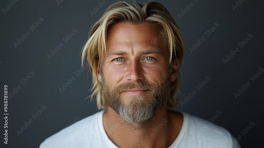 Obraz premium casual portrait of a mature blonde bearded guy with trendy hair, exuding charm and confidence while smiling against a neutral grey background