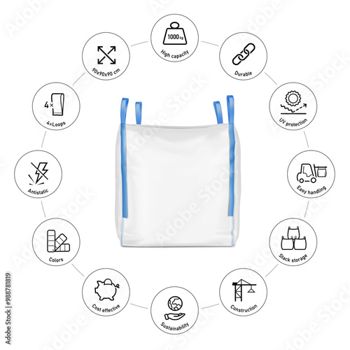 Flexible intermediate bulk container big bag mockup. High realistic. Vector illustration isolated on white background. Ready for use in presentation, promo, advertising and more. EPS10.