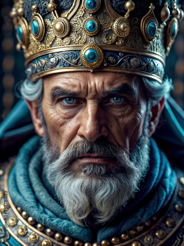 An elderly king of an ancient empire with a crown on his head and a beard