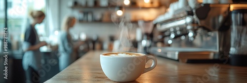 Cozy minimalistic coffee shop, steaming cup in focus, softly blurred customers enjoying their time, warm inviting atmosphere.