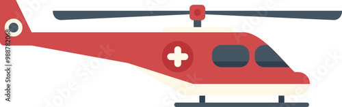 Red medical helicopter is flying through the air, transporting a patient to the hospital in an emergency situation