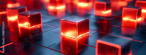 Glowing Red Cubes on Metallic Surface