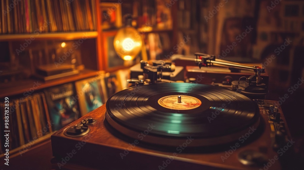 Classic turntable spinning a vinyl record, with vintage album covers ...