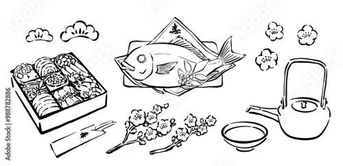 正月・新年祝い料理　おせち料理、祝い鯛、お屠蘇の手書き和風・線画イラストセット