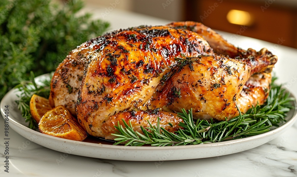 A succulent roast chicken garnished with fresh herbs on a marble countertop, perfect for Thanksgiving feasts or Halloween gatherings. Ideal for festive meal planning. A succulent roast chicken garnished with fresh herbs on a marble countertop, perfect for Thanksgiving feasts or Halloween gatherings. Ideal for festive meal planning.