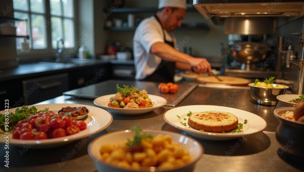 Obraz premium A chef preparing food in a commercial kitchen.