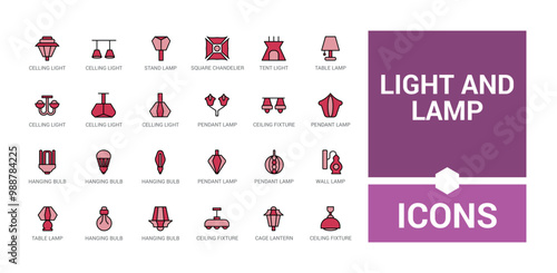 Light and lamps colorful icons set. Set of ceiling light. Outline icon collection, line symbol for web and ui. Vector illustration. Icon names are written in English.