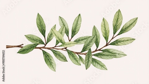 A branch with green leaves on a white background.