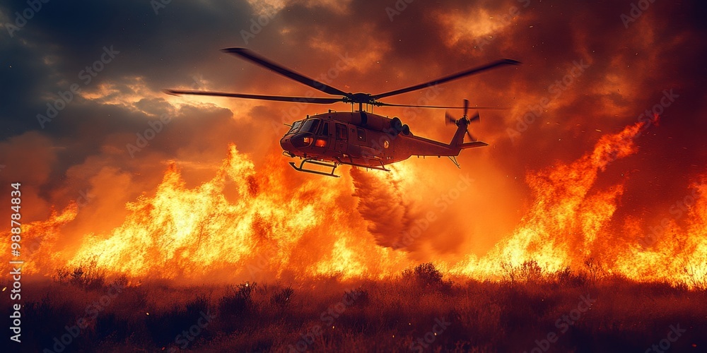 Helicopter combatting a wildfire by dropping water Helicopter combatting a wildfire by dropping water