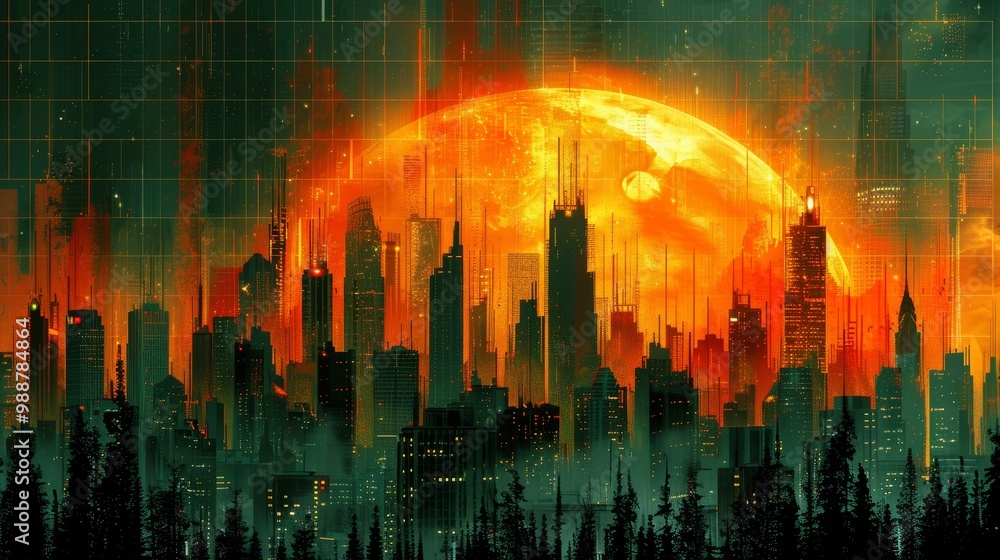 Fototapeta premium Futuristic Cityscape with Digital Grid Overlay Highlighting Cybersecurity and Personal Data Protection in a Modern Urban Environment